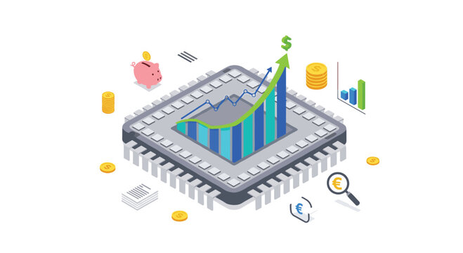 An isometric computer processor chip features a 3D bar graph indicating financial growth with gold coins and currency symbols in a clean white studio setting.