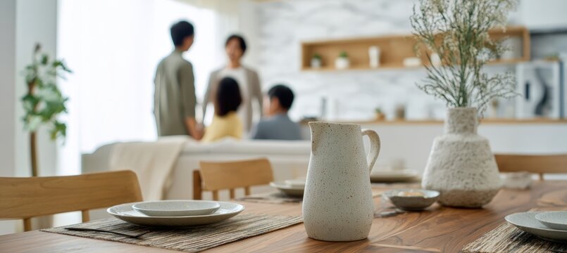 Family counselor guiding quiet conversation around clean dining table plain ceramic pitcher