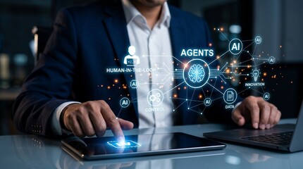 Fototapeta premium Professional in suit managing AI Agents and Human-in-the-loop control system on tablet. Hybrid artificial intelligence, digital business automation and innovative tech control.