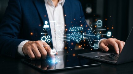 Fototapeta premium Businessman using tablet and laptop with AI Agents digital interface and neural brain icon. Concept of automated artificial intelligence workflows, virtual assistants and smart business tech.