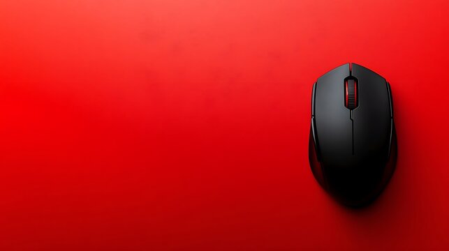 Black computer mouse on red background, modern wireless technology