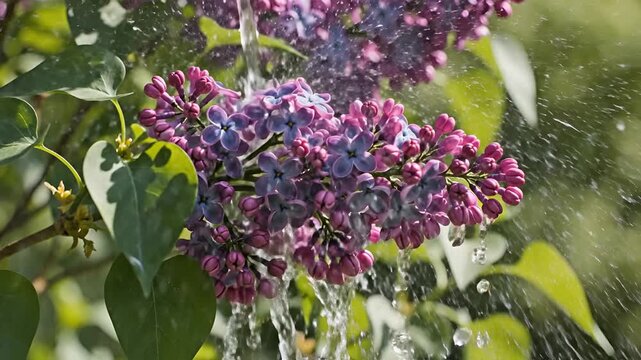 Closeup of a lilac bush being watered in the sunlight.