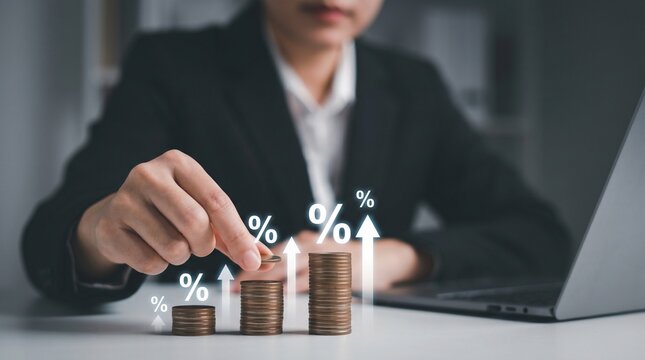 Woman in suit stacking gold coins with growing percentage icons. Concept of compound interest, personal savings, financial planning, investment return and banking profit.