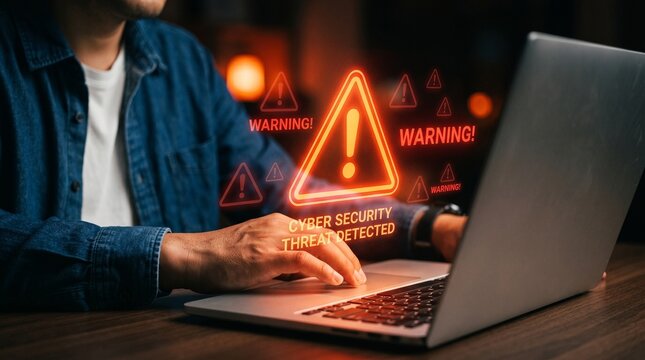 IT specialist detecting cyber security threat and unauthorized access on computer. Digital warning icons for data protection and network vulnerability management.