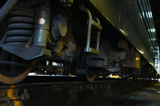 Detailed train undercarriage and wheels.