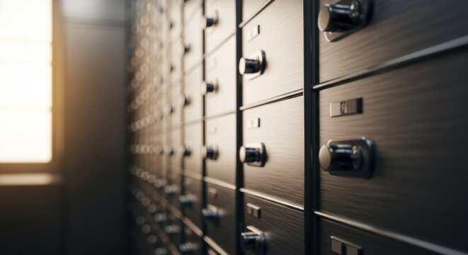 Bank vault safe deposit boxes with textured metal surfaces and round dial locks, offering secure financial storage and copy space.