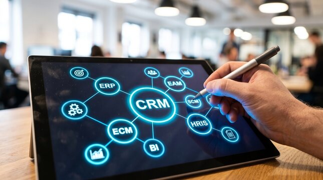 Professional hand using digital tablet for CRM and ERP business integration. Concept of customer relationship management software with HRIS and SCM modules for corporate growth.