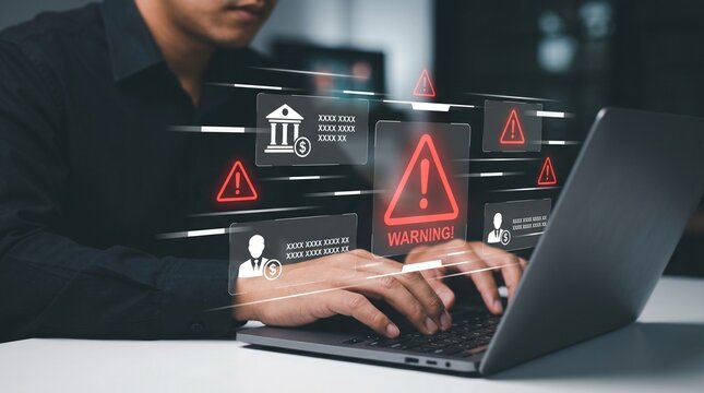 Financial fraud warning and identity theft protection on laptop. User experiencing banking security breach with alert icons for personal data hack and cyber crime prevention.
