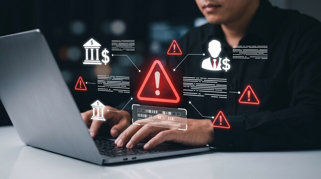 Cyber security alert and fraud detection in fintech banking. Professional hacker or IT specialist monitoring digital identity theft, phishing and financial data breach on laptop.