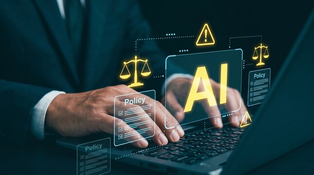 Professional working on laptop with AI policy and legal compliance icons. Concept of artificial intelligence regulation, digital ethics, data protection, law and governance technology.