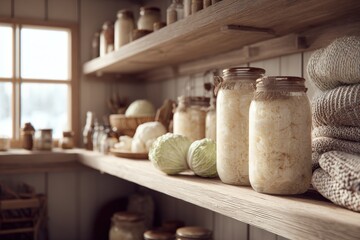 Fototapeta premium Cozy winter pantry scene with plain kimchi jars, cabbage halves and knitted textiles arranged