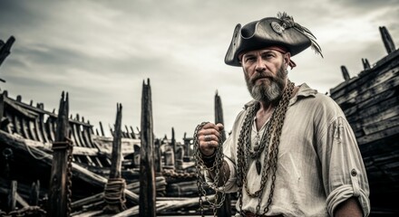 Fototapeta premium Rugged pirate captain with chains in abandoned shipyard, dramatic overcast sky, heroic adventure concept