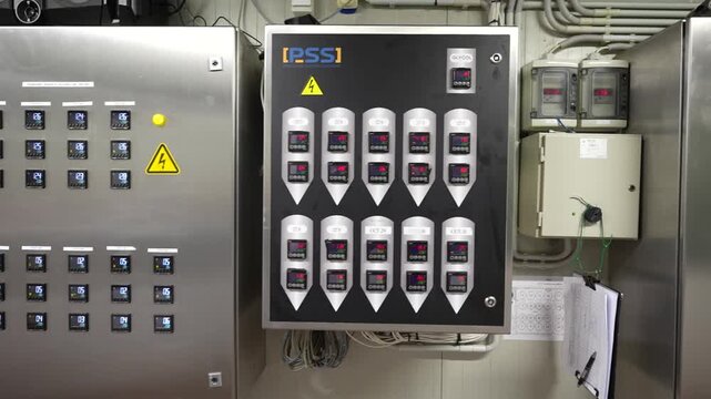 Control panels with illuminated buttons and indicators in a brewery setting, showcasing operational equipment and monitoring systems