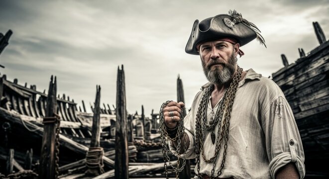 Rugged pirate captain with chains in abandoned shipyard, dramatic overcast sky, heroic adventure concept
