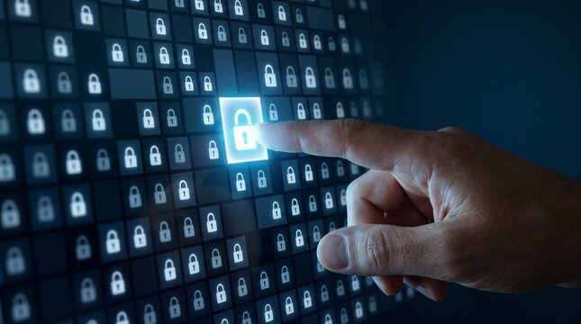 Cybersecurity and data protection concept with finger touching glowing padlock icon, digital privacy and network security system for secure business transaction and cloud access