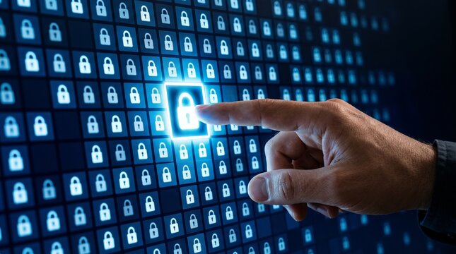 Cyber security data protection business technology privacy concept. Person touching digital interface with lock icons for secure network connection, cloud computing and encrypted safety.