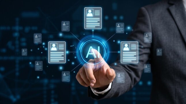 AI recruitment and human resources management concept with recruiter touching virtual interface of candidate profiles for job hiring and talent acquisition in digital office.