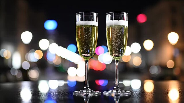 Two champagne flutes against defocused city lights background