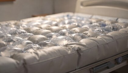 Fototapeta premium Closeup medium shot of an alternating pressure mattress gently inflating and deflating with focus on air cell movement and a softly blurred patient bed setting.