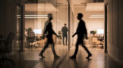 Fototapeta premium Business silhouettes walking in modern glass office corridor