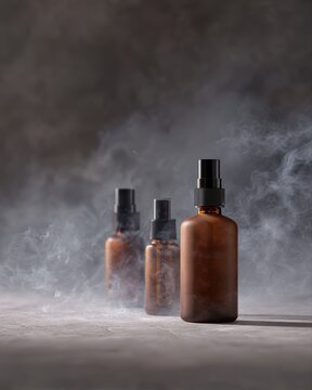 aromatherapy bottle mockup drifting in smoke, spa wellness branding, essential oil packaging