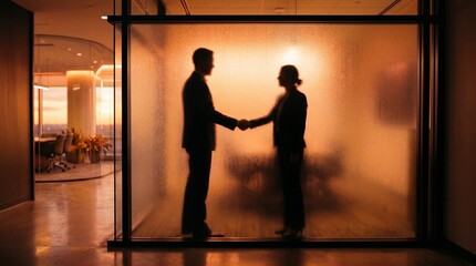 Fototapeta premium Business handshake silhouettes behind frosted glass at sunset office