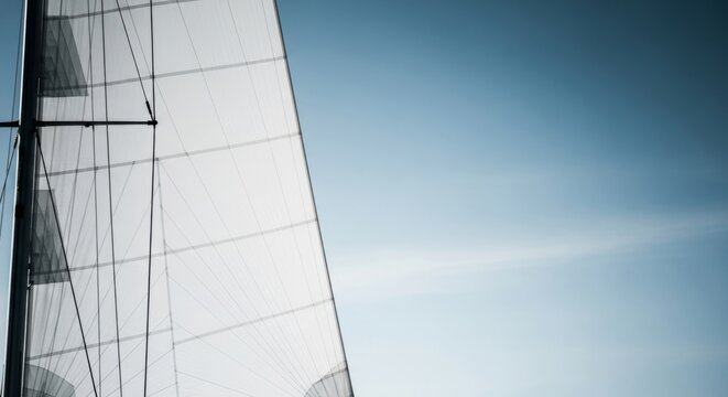 Close-up of a white yacht sail against a clear blue sky, offering a clean background with ample copy space for branding