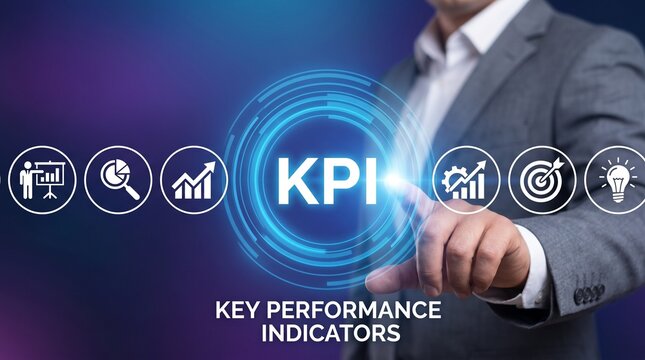 Professional businessman pointing at KPI Key Performance Indicators hologram icon with business strategy symbols. Management, goal achievement and corporate optimization concept.