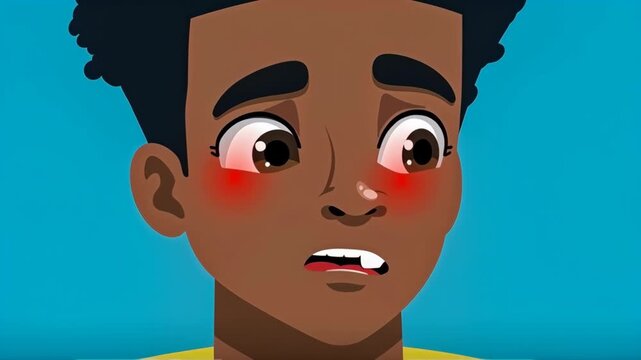Young boy cries with tears streaming down face. Child expresses sadness in cartoon style. Emotional distress scene on blue background. Childhood trauma, emotional vulnerability moment. Concept of