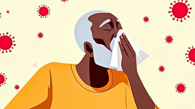 Older man wipes nose with tissue. Senior with cold holds napkin. Illness moment at home. Healthcare, pandemic precautions. Concept of health and hygiene.