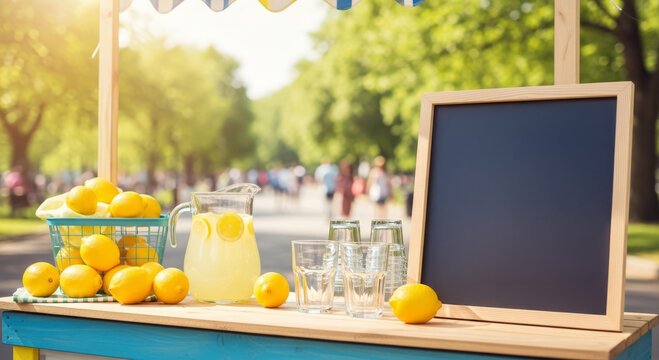 A refreshing lemon stand by the park, featuring a pitcher of lemonade, fresh lemons, and glasses waiting to quench your thirst on a sunny day.