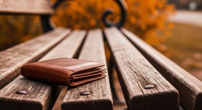 Brown leather wallet on a wooden park bench, autumnal setting, evoking contemplation and loss