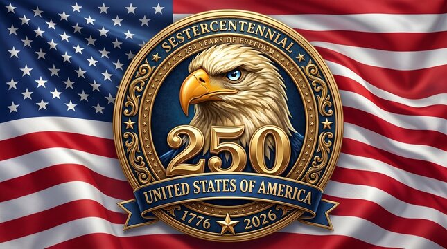 Sestercentennial 250 years of freedom anniversary logo with bald eagle and American flag, golden luxury emblem for US 2026 Independence Day national celebration.