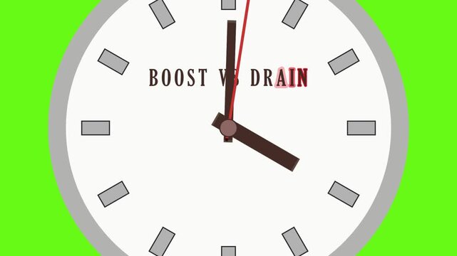 Animated clock with moving hands displays the Boost versus Drain text. This graphic representation appears against a solid green background