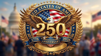 Obraz premium USA 250th anniversary commemorative logo with bald eagle and American flag. United States 1776-2026 semiquincentennial celebration emblem for independence day patriotic events.