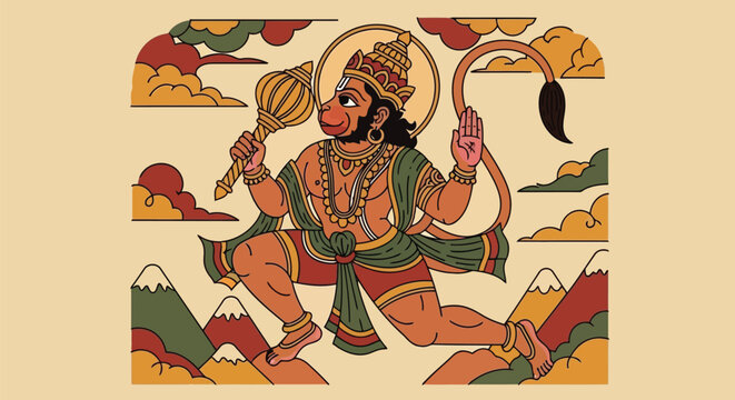 Hanuman in mid-air with mace, surrounded by clouds and mountains in a stylized Indian art style Hindu