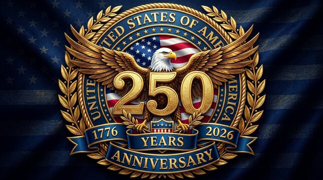 US semiquincentennial 250 years anniversary emblem with golden bald eagle and dark flag background, 1776-2026 patriotic commemorative design for luxury American heritage print.