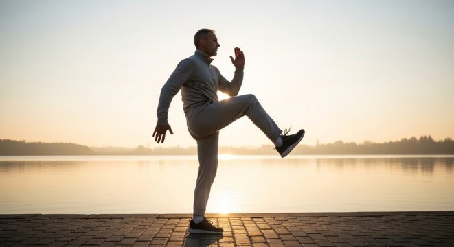 Middle-aged man performing leg swings by tranquil lake at dawn, promoting fitness and peaceful lifestyle.