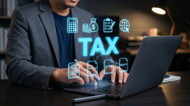 Business man using laptop for online tax filing and financial planning. Income tax return form 1040, deductions and accounting services. Financial management and professional tax preparation.