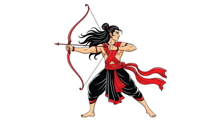 Obraz premium Warrior man with long hair aiming a bow and arrow with red sash and black pants archer