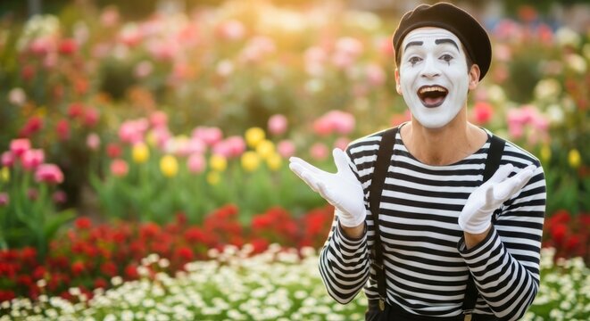 Joyful mime artist with expressive face and white gloves in a colorful flower garden, perfect for joyful promotion