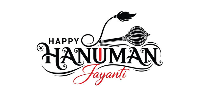 Happy Hanuman Jayanti text with mace and tail illustration in black and red festival celebration