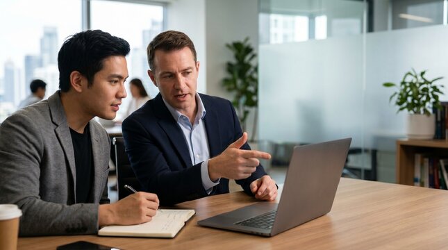 Business mentor training employee and pointing at laptop screen, executive leader coaching intern during meeting in office, professional consulting and corporate mentorship program