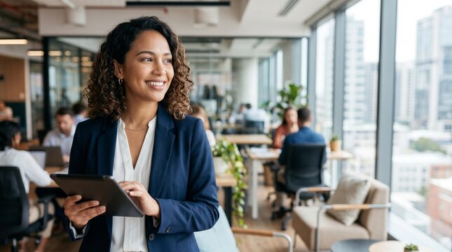 Portrait of happy curly hair businesswoman holding tablet in busy open plan office. Modern female executive, diverse leadership and successful management in tech company.