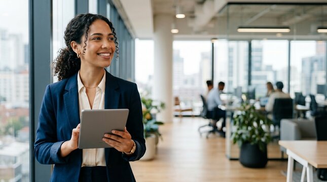 Smiling young black businesswoman using digital tablet in modern office. Confident professional female entrepreneur standing by window in corporate workspace with blurred colleagues.