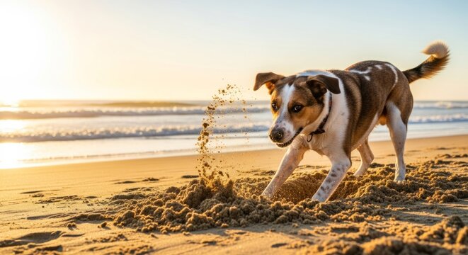 Joyful mixed breed dog digging energetically on a sandy beach at golden hour, capturing summer fun and adventure