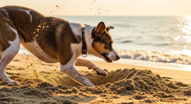 Energetic mixed breed dog digging in sand on beach at golden hour, capturing summer fun, joy, and outdoor adventure