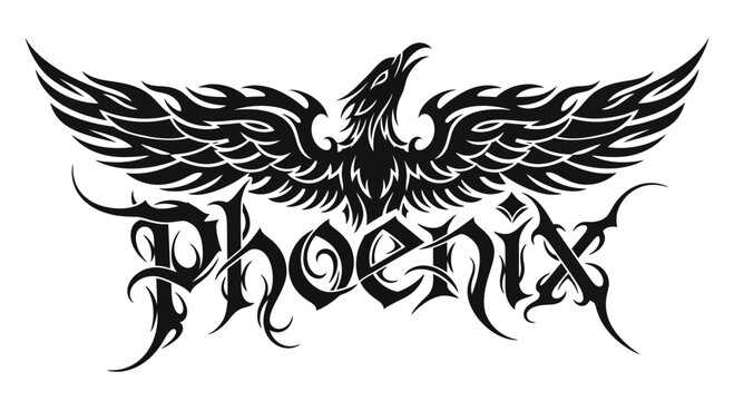 Phoenix bird with spread wings and stylized text in black and white.
