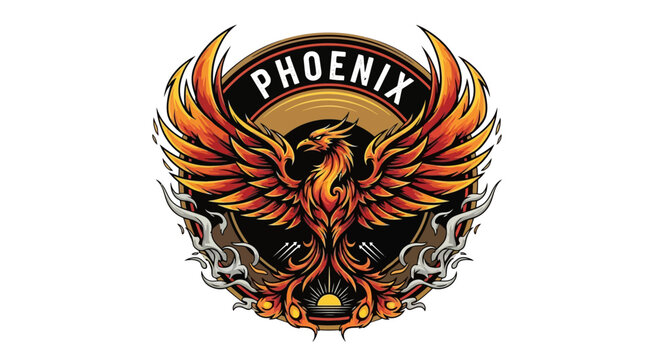 Majestic Phoenix Bird with Fiery Wings and PHOENIX Text Emblem.