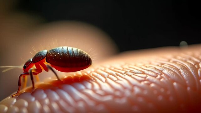 Insect perches on human skin texture. Detailed exoskeleton with spines. Macro shot, dramatic lighting. Microscopic world exploration. Concept of nature and interaction.